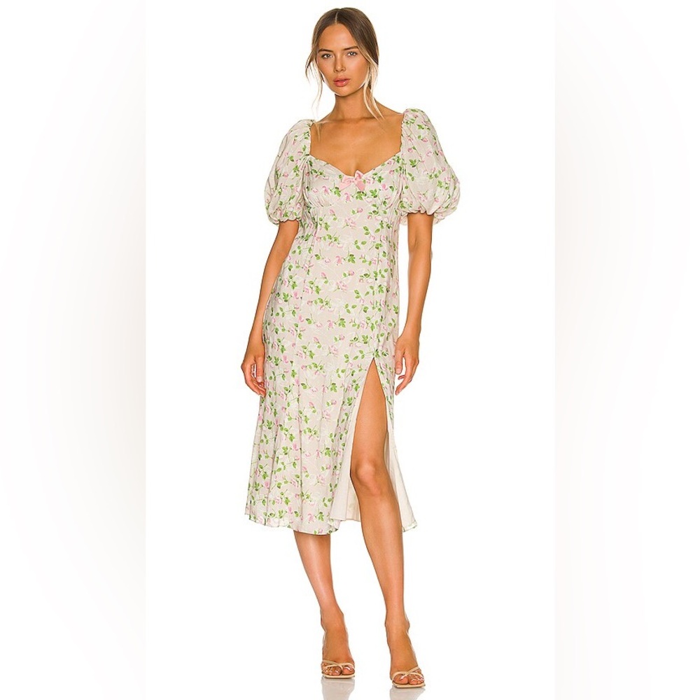 LPA Floral Puff-Sleeve Midi Dress in Light Pink and Green